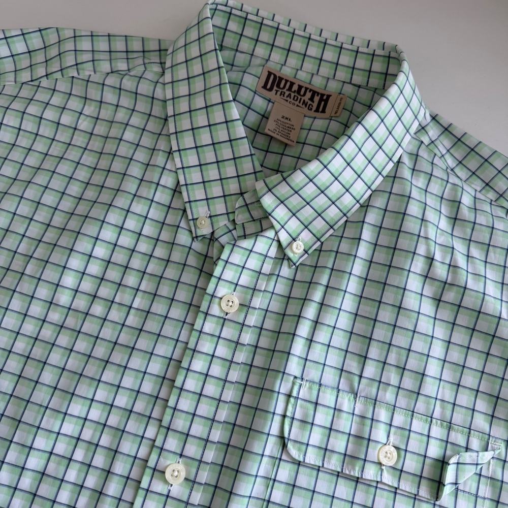 Duluth Trading Co Mens 2XL Relaxed Fit Green Plaid CoolMax Short Sleeve Shirt